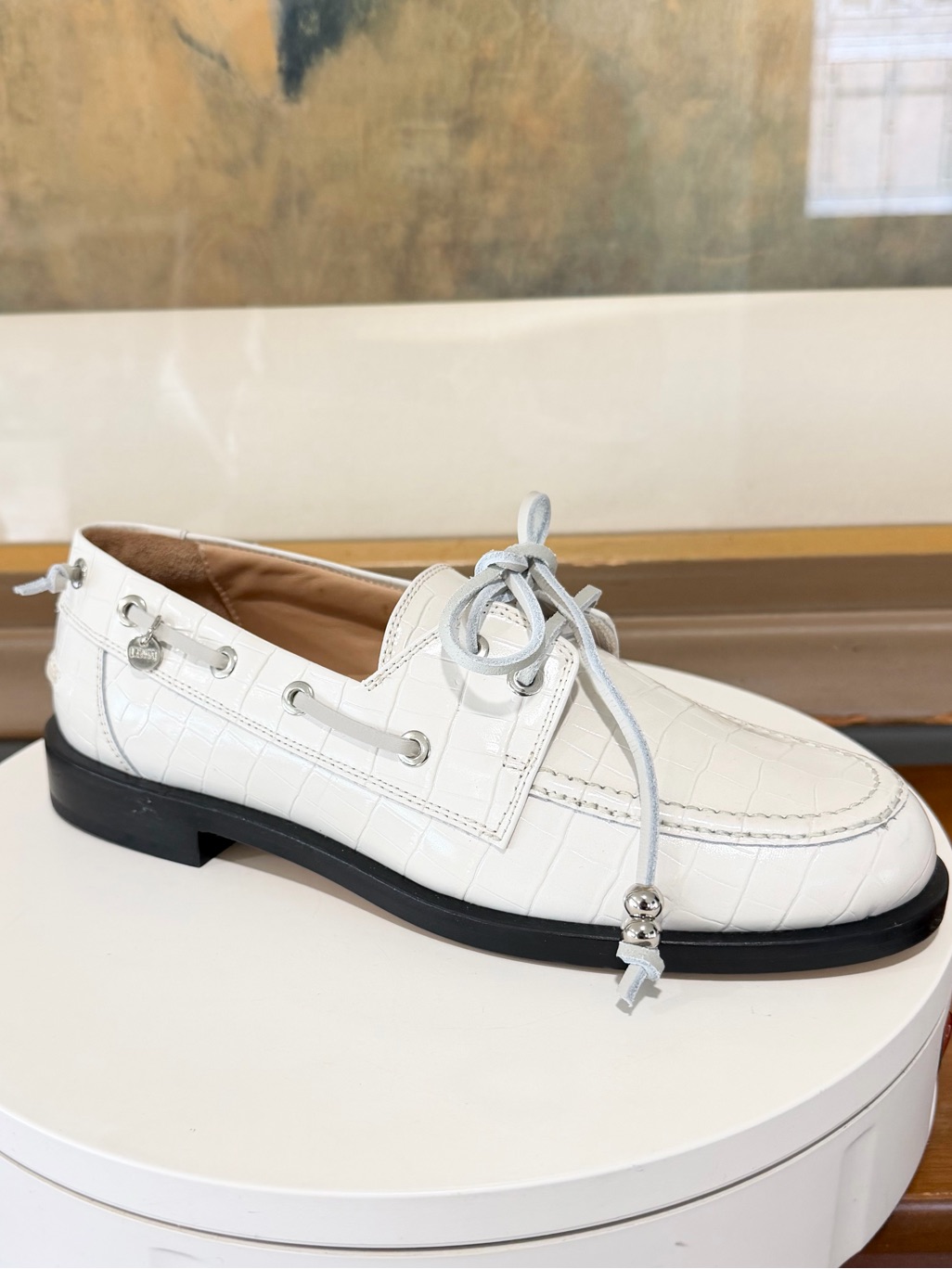 Labucq Nelson Boat Shoe In Ivory Crocco, Size: 38